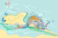 Series of tropical backgrounds. Background with a sandy beach in the form of heart on an island in the ocean with waves and butter